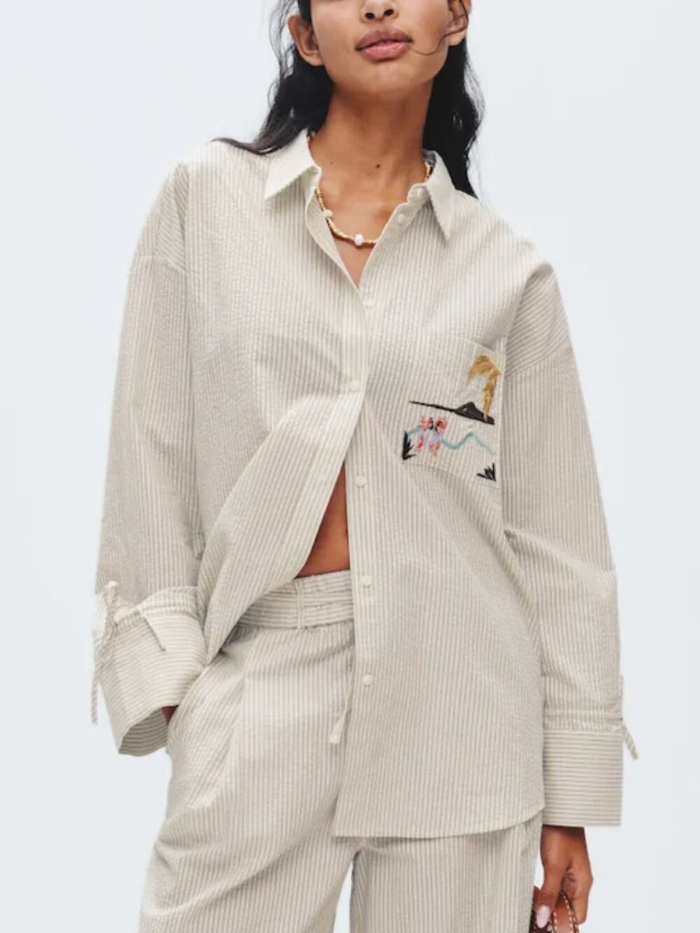 Soleil Soleil Riley Button Up Shirt in Off-White Stripe Long Sleeve Blouse 4